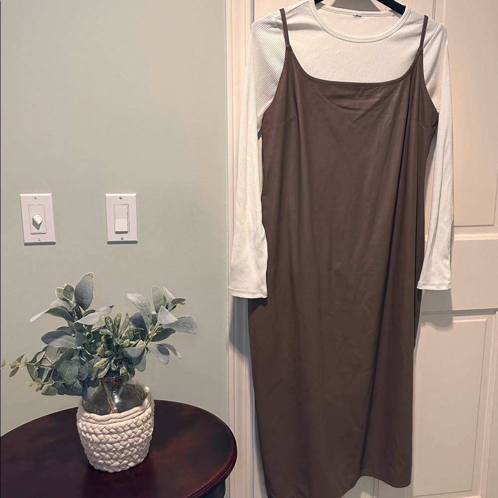 Faux leather dress taupe/brown midi slip dress Wild Fable XXL